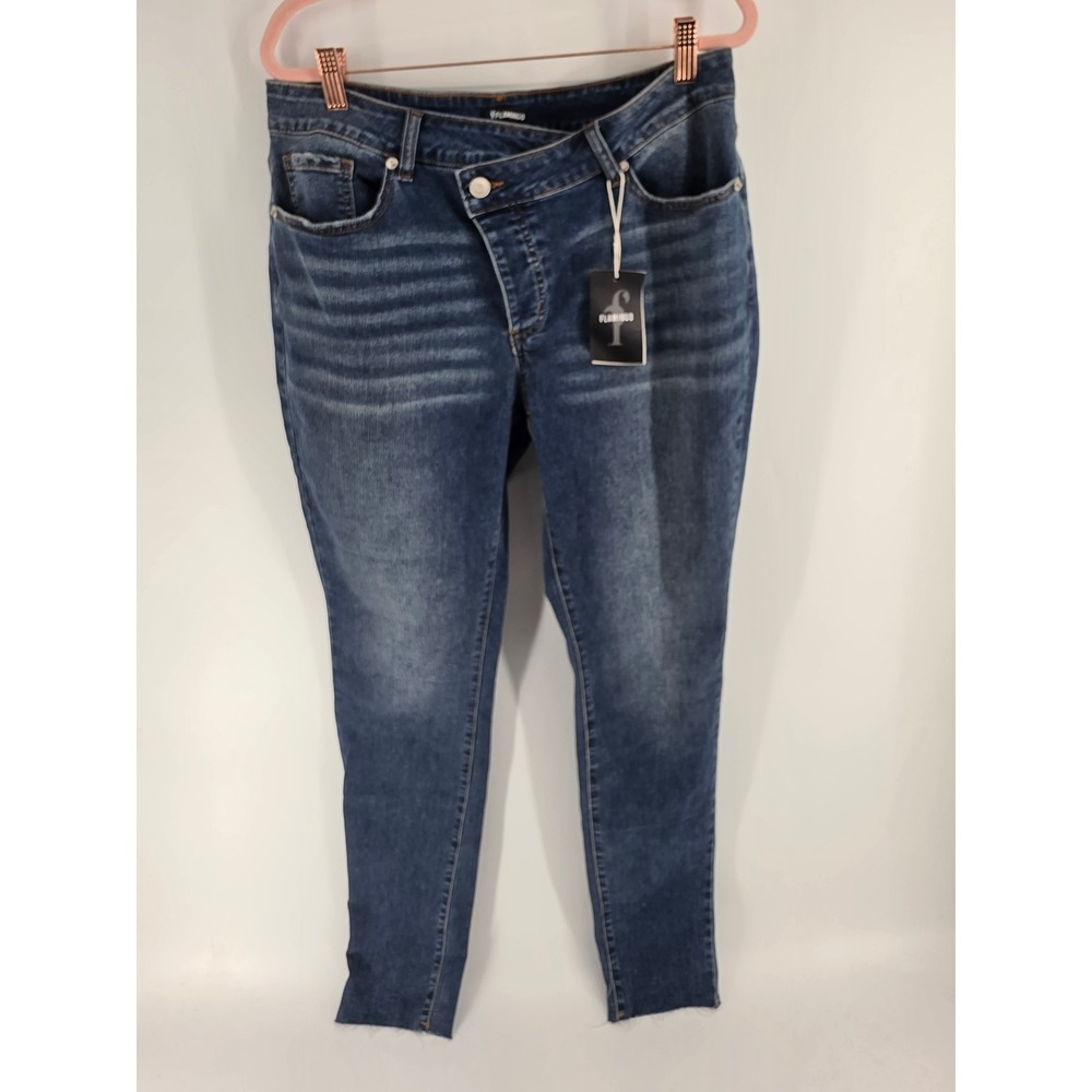 Flamingo Womens Crossover Asymmetrical Waist Skinny Jeans Medium Wash XL NWT